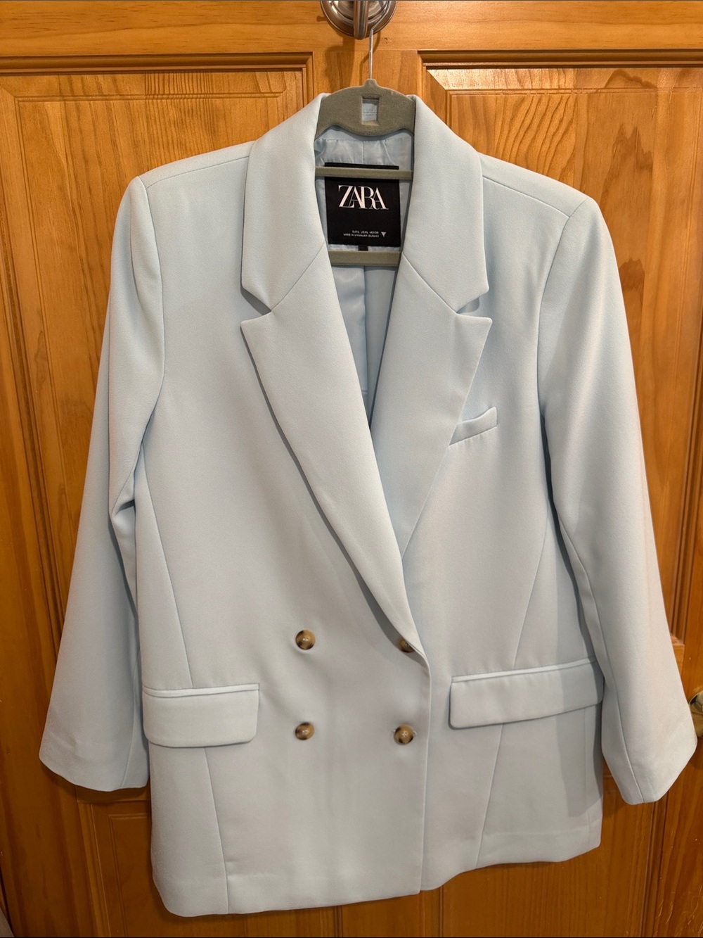 ZARA Pale Blue Double-Breasted Blazer with Gold Buttons